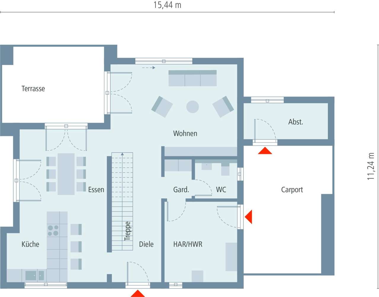 Ein­fa­mi­li­en­haus mit integriertem Carport