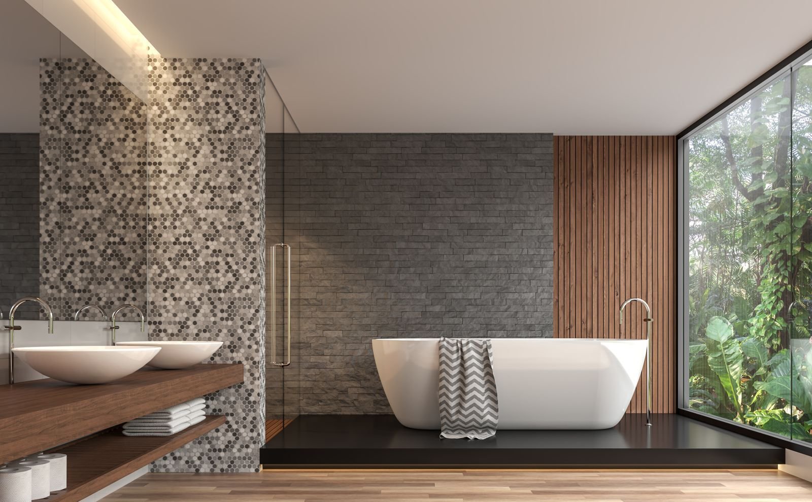 Badezimmer mit freistehender Badewanne auf Podest als Rückzugsraum Badezimmer mit freistehender Badewanne auf Podest als Rückzugsraum