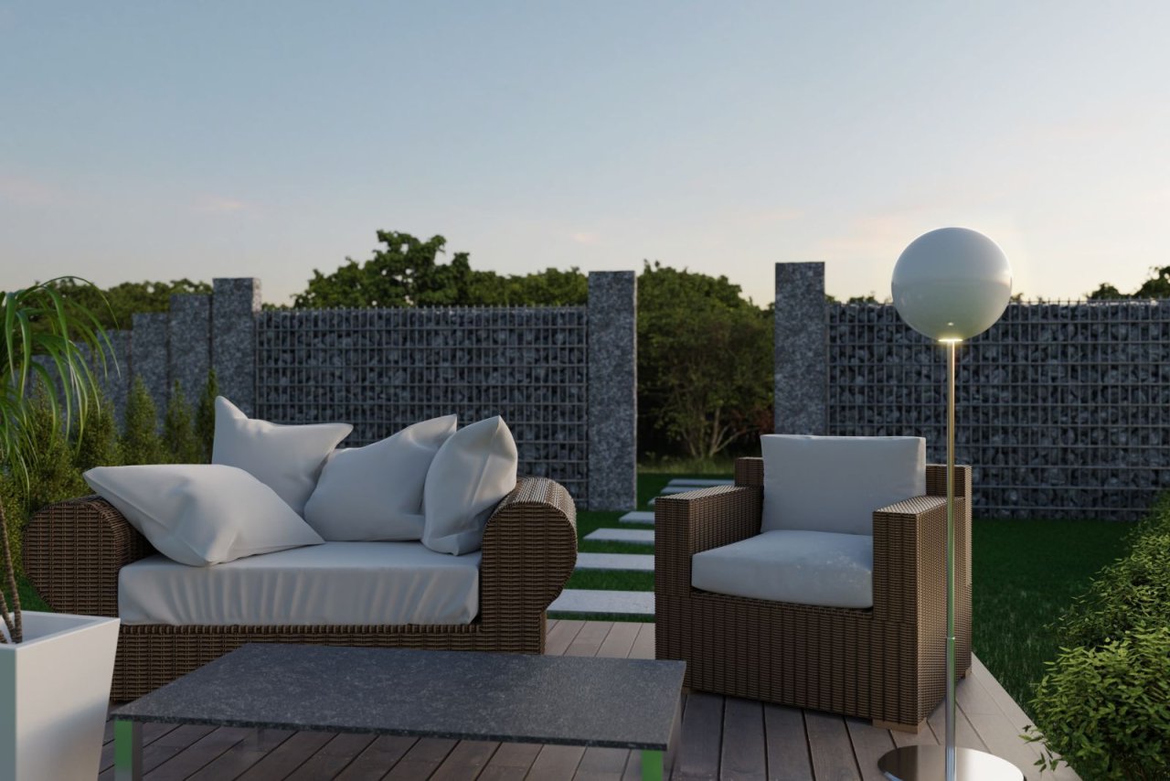 Sitzmöbel im Außenbereich nebeneinander auf der Terrasse Sitzmöbel im Außenbereich nebeneinander auf der Terrasse
