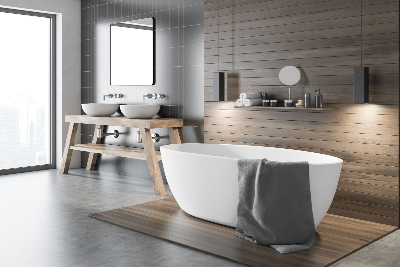 Modernes Bad mit Steinwaschbecken auf Holztisch und freistehender Badewanne