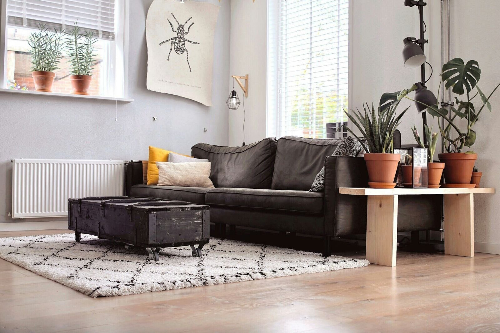 Moderner Wohnraum mit Sofaecke, Pflanzenvielfalt und klarer Struktur Moderner Wohnraum mit Sofaecke, Pflanzenvielfalt und klarer Struktur