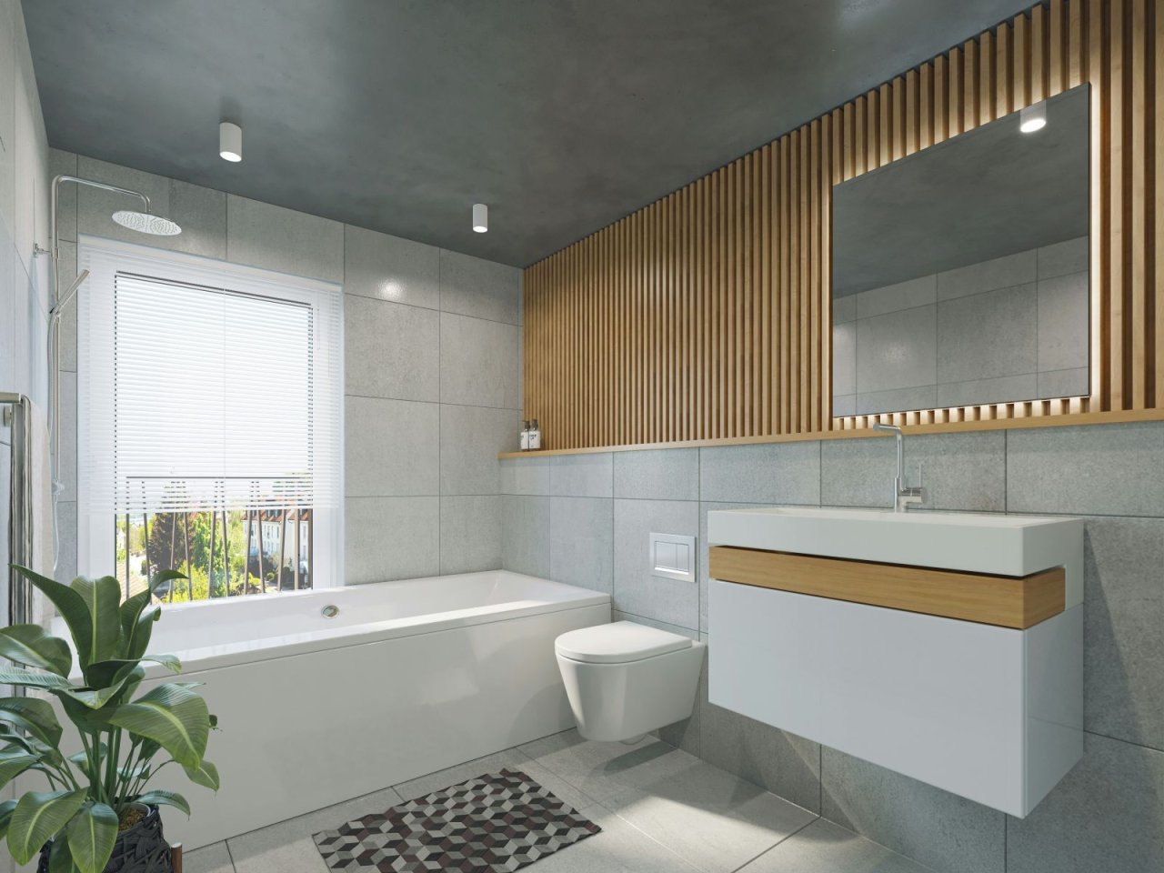 Modernes Badezimmer mit Badewanne, WC und Waschtisch