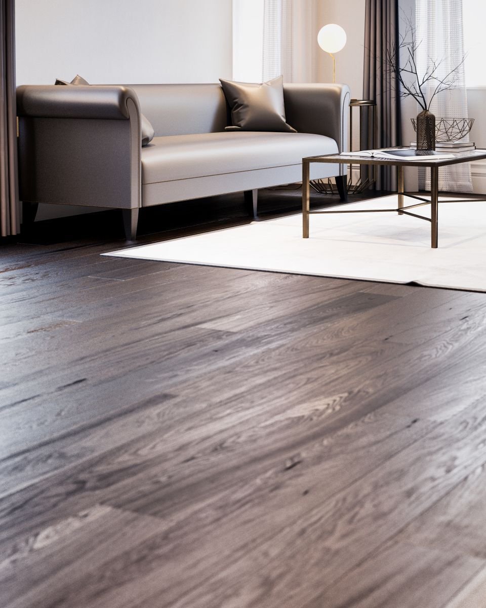 Moderner Wohnraum mit dunklem Holzboden und Sofa Moderner Wohnraum mit dunklem Holzboden und Sofa