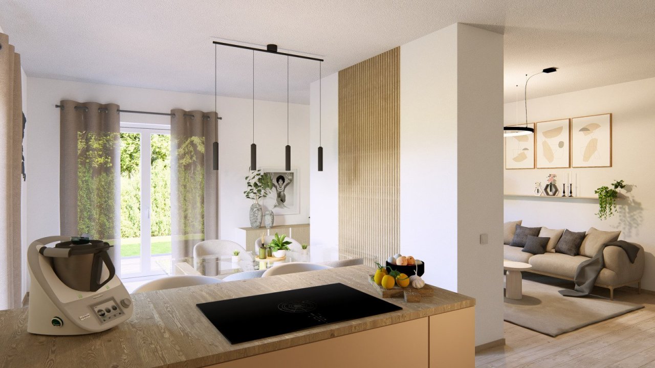 Ansicht Küche, Esszimmer, Wohnzimmer